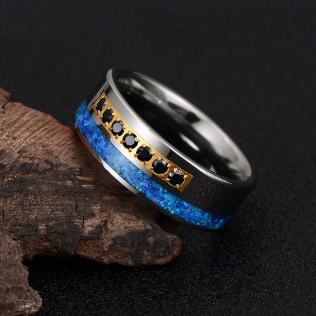 High Quality Custom 8mm Blue Opal Black CZ Stone Inlay Tungsten Ring for Man Wedding Ring Couple Set