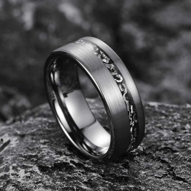 Guangzhou High Quality Fine Jewelry Rings Handmade Brushed Black Meteorite Inlay Silver Tungsten Ring for Men Women Rings