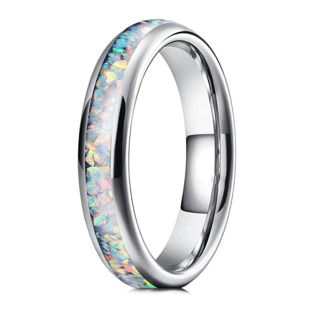 Custom 4mm Silver Shiny Crushed Opal Stone Inlay Tungsten Rings for Women Tungsten Womens Rings Jewelry for Women