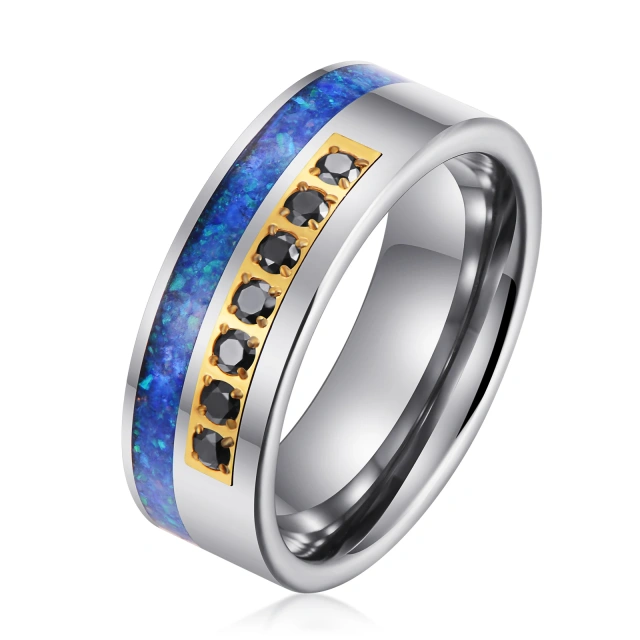 High Quality Custom 8mm Blue Opal Black CZ Stone Inlay Tungsten Ring for Man Wedding Ring Couple Set