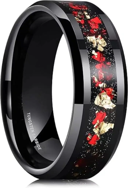 Newest Item 8mm Black Tungsten Wedding Ring Red Gold Foils Inlay Laser I love You Mens Tungsten Rings Beveled Edge
