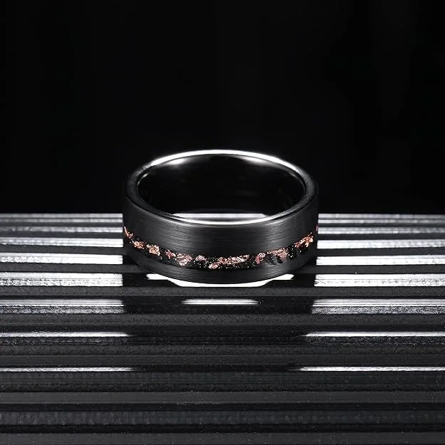 8mm and 4mm Black Tungsten Carbide Rose Gold Leaf Inlaid Custom Jewelry for Women Men Couple Tungsten Wedding Ring Fashion Rings