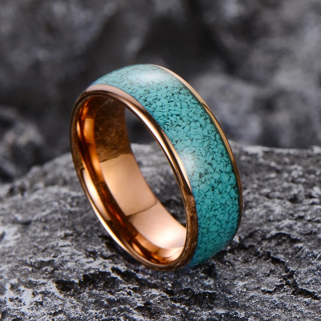 Wholesale Price Drop Shipping Jewelry Inlay Crushed Turquoise Tungsten Ring 18K Rose Gold Tungsten Ring 8MM Rings for Men Women