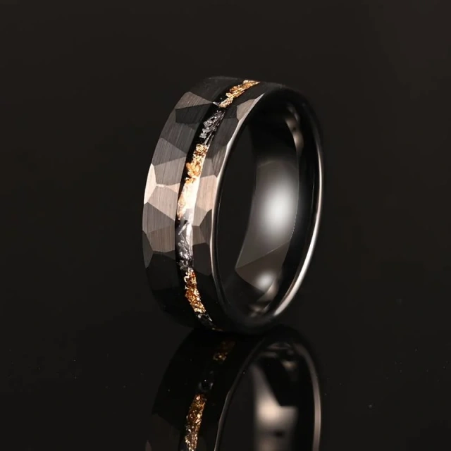 Hammer Meteorite Hammered Gold Foil Black Tungsten Promise Ring for Women Men