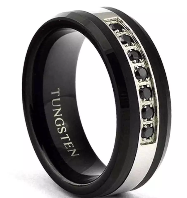 New Design 8mm Cz Stone Inlay Black Tungsten Carbide Ring for Men Women Eternity Fashion Engagement Wedding Band Comfort Fit