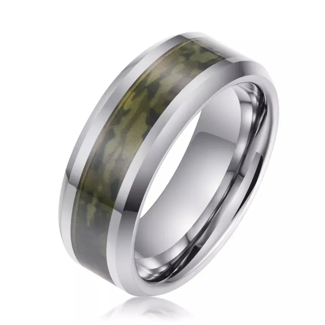 Luxury Men Tungsten Ring Silver Plated Green Camouflage Inlay Tungsten Carbide Steel Ring for Men Wedding Band Ring comfort It