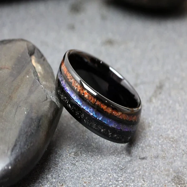 Luxury Rings Black Plated Men Fashion Jewelry Inlay galaxy Opal and Wood Tungsten Ring Opal Band Tungsten Carbide Ring for Men