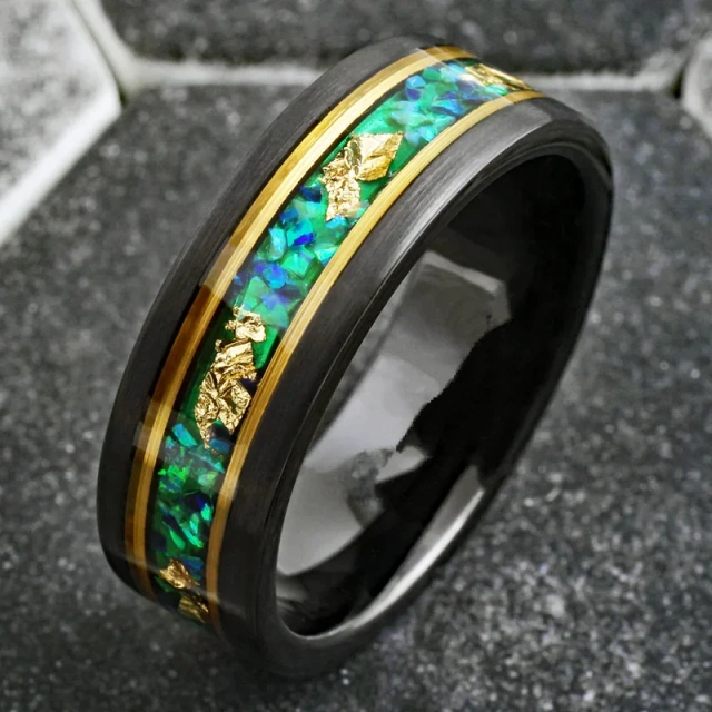 Black Tungsten Green Emerald Ring Malachite Gold Leaf Inlay Flat Gold Line Wedding Band for Men