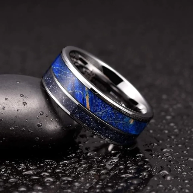 Wholesales Stained Wood and Blue Sandstone Inlaid Fashion Jewelry for Women Men Tungsten Ring Tungsten Wedding Rings