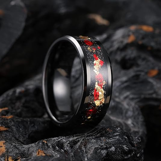 Newest Item 8mm Black Tungsten Wedding Ring Red Gold Foils Inlay Laser I love You Mens Tungsten Rings Beveled Edge