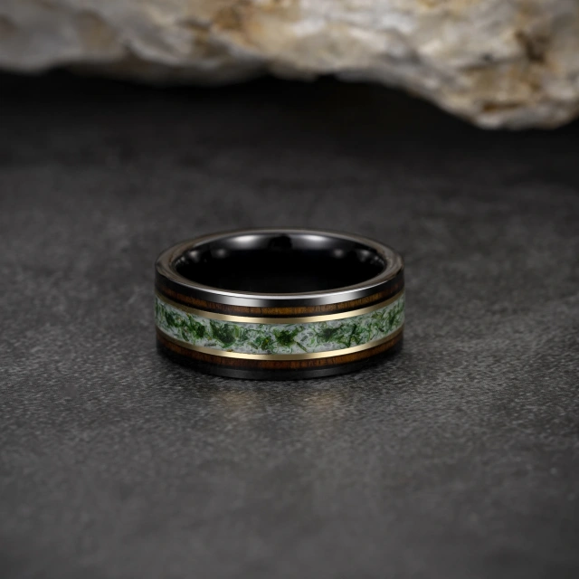 Luxury High Polished Mens Tungsten Wedding Ring Inlay Gold Foil Green Moss Tungsten Carbide Ring comfort Fit