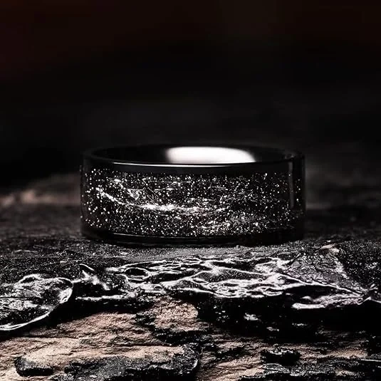 Hot Sale Fashion Men Rings 8mm Sliver Gold Foils Inlay Black Plated Tungsten Ring for Man Wedding Ring