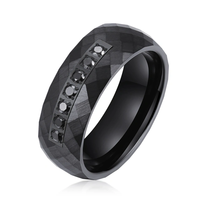 Factory Direct Sales Custom 8mm Black Hammered Tungsten Ring Best for Men Wedding Rings Zircon Black CZ Stone Inlay