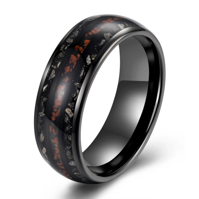 Ouyuan Factory Fine Jewelry 8mm Dinosaur Stone Meteorite Inlay Black Plated Tungsten Ring for Men Engagement Wedding Band