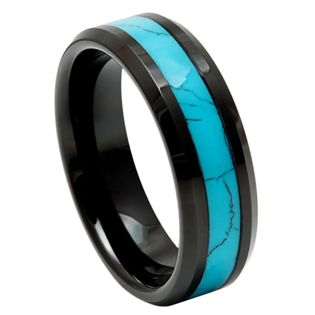 Black Plated 8mm 6mm 4mm Tungsten Ring Turquoise&Wood Inlay Wedding Band Birthday Gift Promise Rings for Men and Women