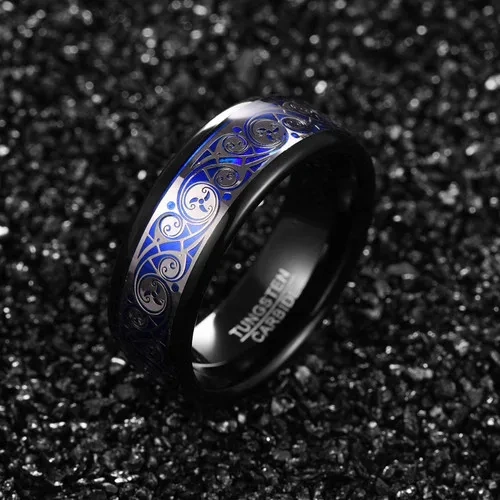 8mm Bule Inlay Tungsten Ring Black and Silver for Men