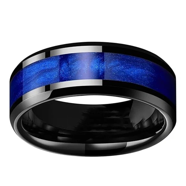 Wholesale Price Trending Galaxy Space 8MM Custom Rings Blue Sand Inlay Black Tungsten Ring Men Wedding Band Fashion Jewelry