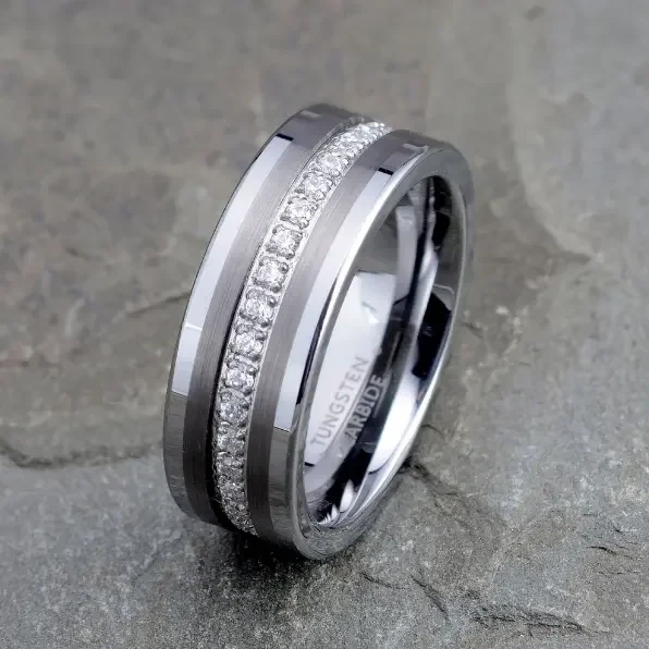 8mm Manufacturer Tungsten Carbide Steel CZ Diamonds Band Black Brushed Tungsten Ring for Men Women comfort Fit
