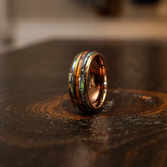 Luxury Hawaii Style 8MM 18K Rose Gold Tungsten Band Rosewood Abalone Tungsten Ring Rings for Men Wedding Rings Fashion Jewelry