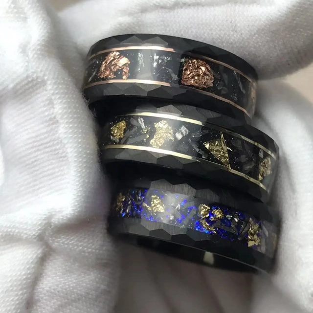 Newest Design Eternity 8mm Black Tungsten Carbide Hammered Matte Finished Meteorite Blue Opal Inlay Wedding Band for Men Rings