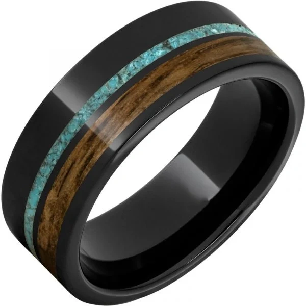 OuYuan Jewelry Hammered Black Tungsten Carbide Ring with Wooden and Turquoise Inlay Men's Wedding Band Ring
