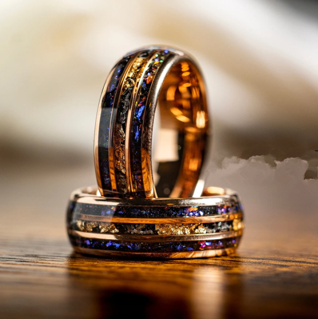 Ouyuan Jewelry Gold Plated Luxury Men Ring Inlay Gold Foil and Blue Opal Tungsten Carbide Ring for Men and Women Wedding Ring