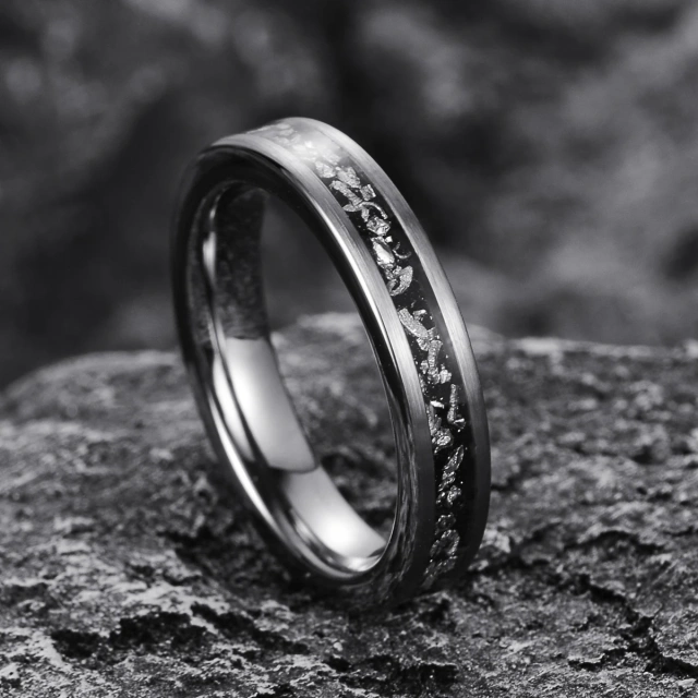 Guangzhou High Quality Fine Jewelry Rings Handmade Brushed Black Meteorite Inlay Silver Tungsten Ring for Men Women Rings