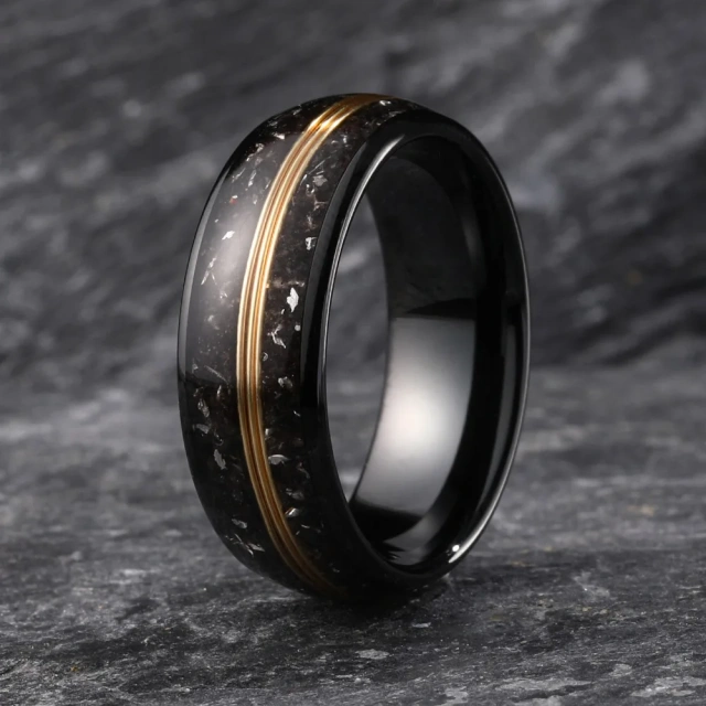 Wholesale Factory Price Guitar String Inlay Tungsten Carbide Ring Meteorite Inlay 8mm Men Ring Fashion Jewelry