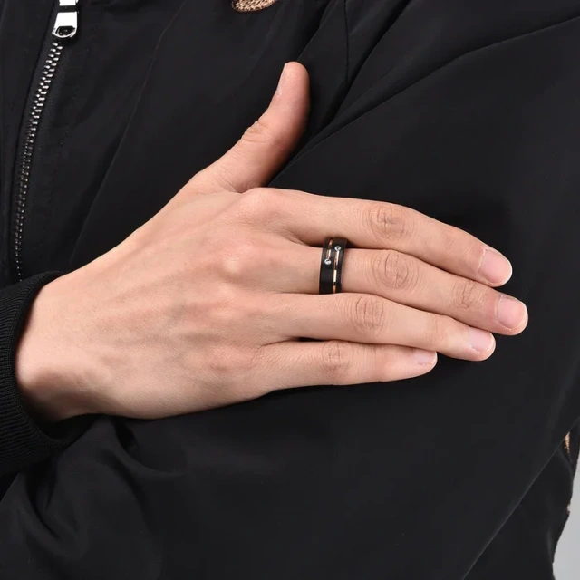 Wholesale Custom Jewelry Rings 8mm Black and Gold 18K Couple Tungsten Ring Wedding Band Cz Stone Grooved Pipe Cut