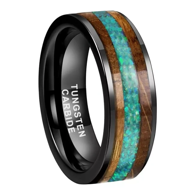 Factory Price Whiskey Barrel Wood Green Opal Wedding Rings for Men Women Fashion Rings Tungsten Carbide Men Bands Comfort Fit