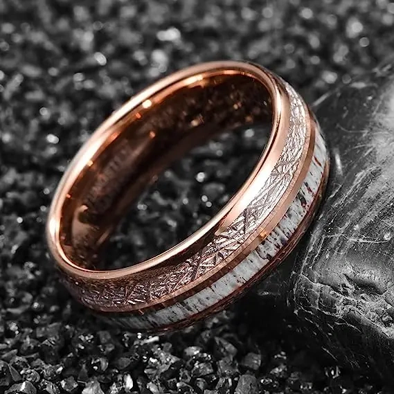 Wholesale Opal Antler Whiskey Barrel Wood Turquoise Inlay Black Rose Gold Plated Tungsten Rings for Men