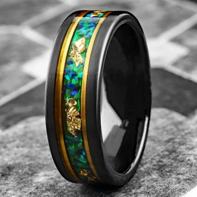 Black Tungsten Green Emerald Ring Malachite Gold Leaf Inlay Flat Gold Line Wedding Band for Men