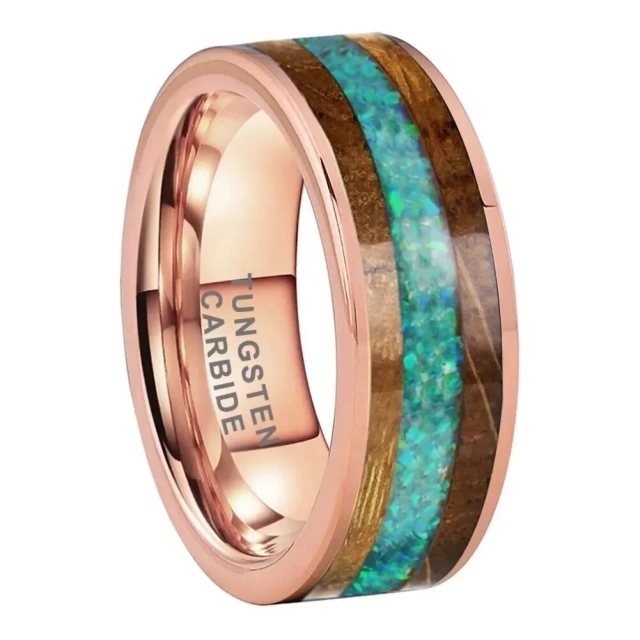Factory Price Whiskey Barrel Wood Green Opal Wedding Rings for Men Women Fashion Rings Tungsten Carbide Men Bands Comfort Fit