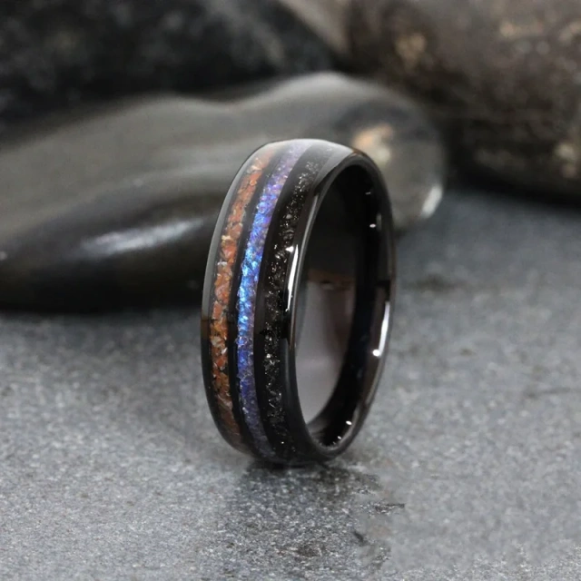 Luxury Rings Black Plated Men Fashion Jewelry Inlay galaxy Opal and Wood Tungsten Ring Opal Band Tungsten Carbide Ring for Men