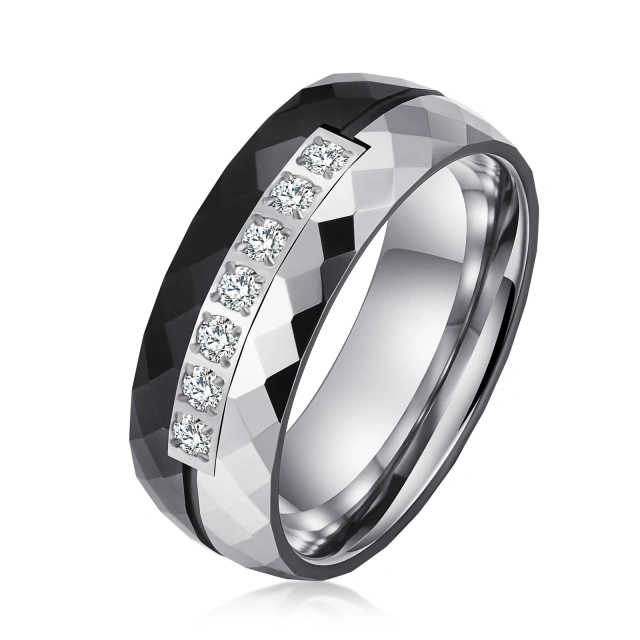 Luxury Dome Hammered Silver and Black Plated Tungsten Ring With Cubic Zircon White Cz Stone Inlay