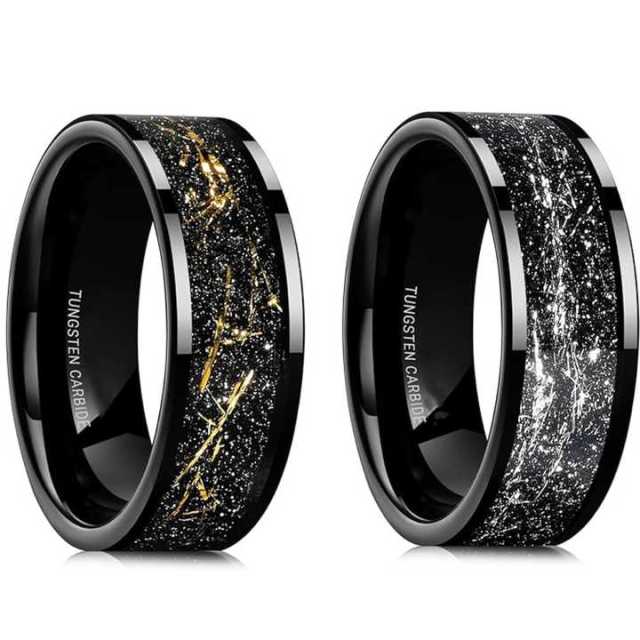 Hot Sale Fashion Men Rings 8mm Sliver Gold Foils Inlay Black Plated Tungsten Ring for Man Wedding Ring