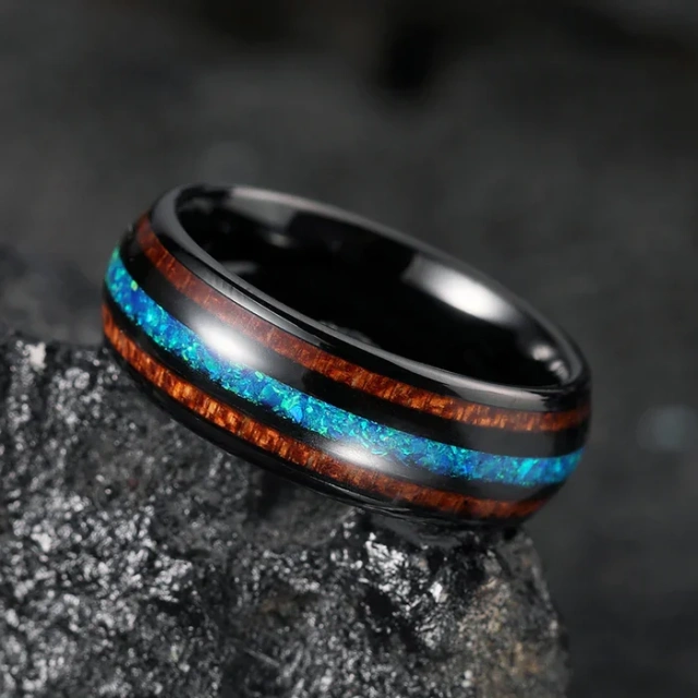 8mm Tungsten Crushed Blue Opal Wedding Band Fashion Jewelry Rings for Women Mens Wedding Band Koa Opal Tungsten Ring Jewelry Men