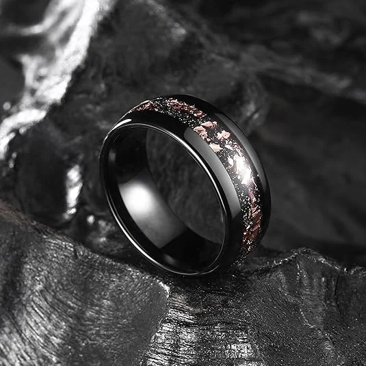 Wholesale Factory Price Black Tungsten Wedding Rings Rose Gold Leaf Inlaid Mens Tungsten Rings Fashion Jewelry for Women Men