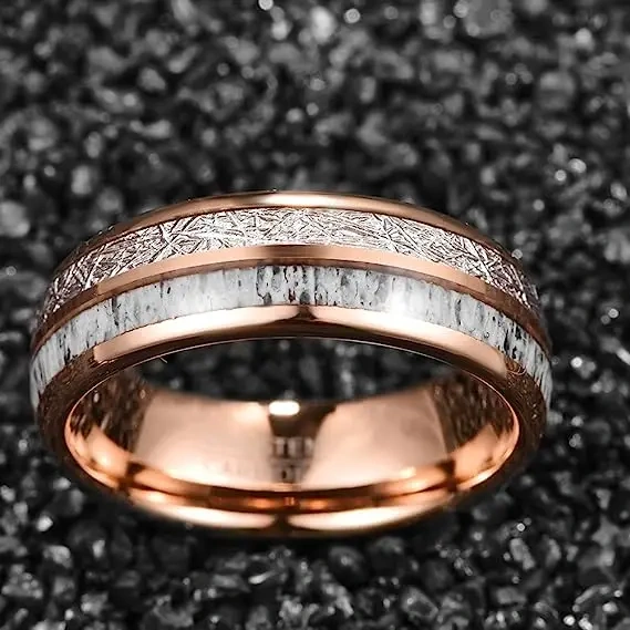 Wholesale Opal Antler Whiskey Barrel Wood Turquoise Inlay Black Rose Gold Plated Tungsten Rings for Men