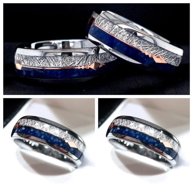 8mm Domed Tungsten Wedding Band Silver Plated Classic Lapis Meteorite Arrow Men's Women's Casual Engagement Party Anniversary
