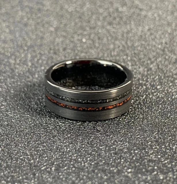 8mm Black Hammered Matte Finished Tungsten Meteorite Dinosaur Bone Inlay Wedding Ring for Men