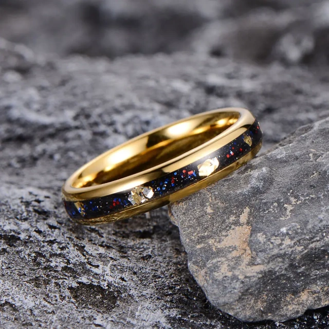 8mm 4mm Dome Tungsten Ring Polished Silver Gold Leaf Meteorite Inlay Wedding Band Gift Couple Ring