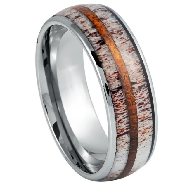 Wholesale Silver Plated 8mm Tungsten Ring for Men Fashion Jewelry Domed Whisky Wood Deer Antler Inlay Engagement Wedding Gift
