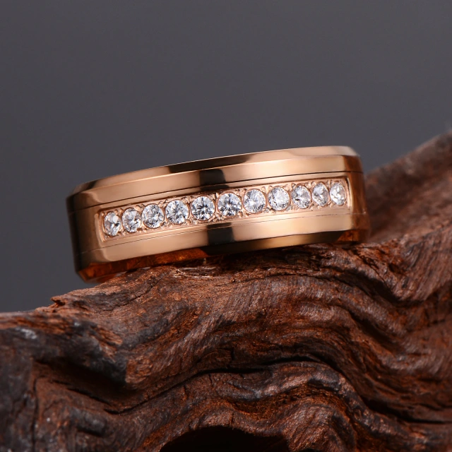 Fashion Rings Jewelry Wholesale 8mm Rose Gold Plated Stone Inlay Tungsten Ring for Men Women Engagement Wedding Band