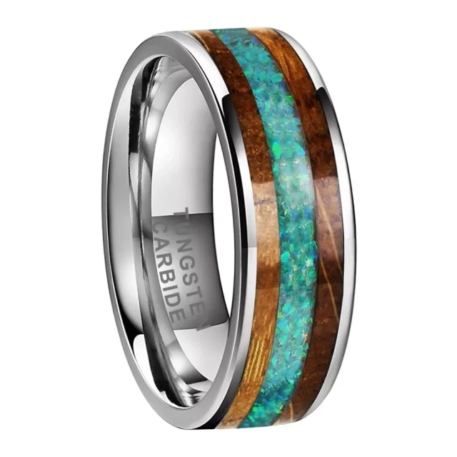 Factory Price Whiskey Barrel Wood Green Opal Wedding Rings for Men Women Fashion Rings Tungsten Carbide Men Bands Comfort Fit