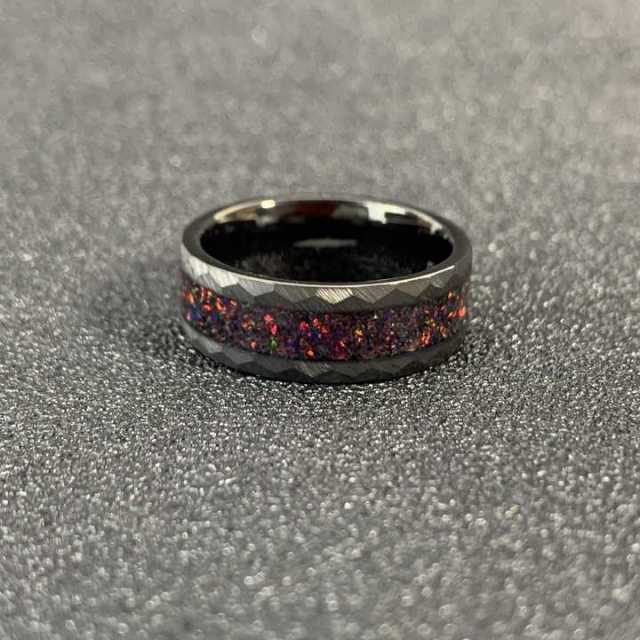 Custom Wedding Ring Gold Plated Couple Wedding Band Hammered White Black Fire Opal Tungsten Ring Couple Ring