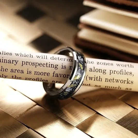 Ouyuan Jewelry 8mm Beveled Mens Womens Fashion Engagement Wedding Band Meteorite Gold Foil Inlay Silver Tungsten Carbide Rings