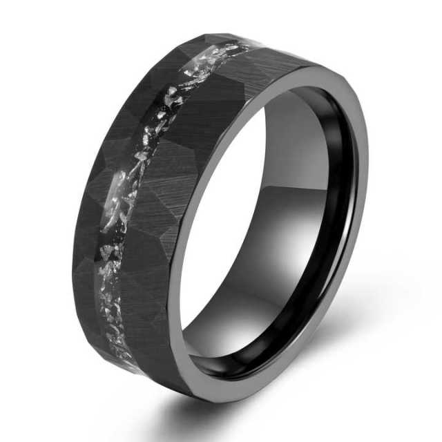 Ouyuan Fashion Rings 8mm Hammered Flat Brushed Meteorite Inlay Black Tungsten Carbide for Men Rings Wedding Rings