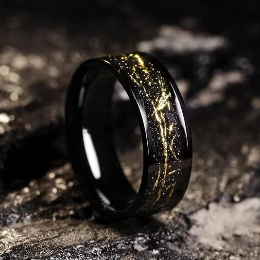 Hot Sale Fashion Men Rings 8mm Sliver Gold Foils Inlay Black Plated Tungsten Ring for Man Wedding Ring