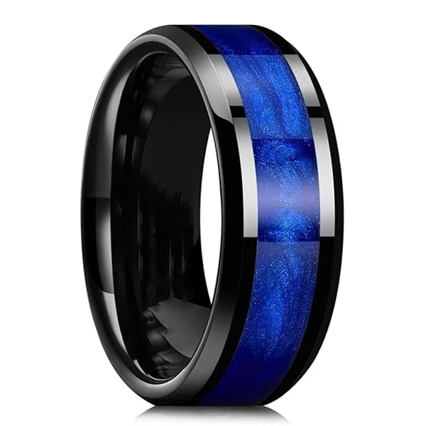 Wholesale Price Trending Galaxy Space 8MM Custom Rings Blue Sand Inlay Black Tungsten Ring Men Wedding Band Fashion Jewelry